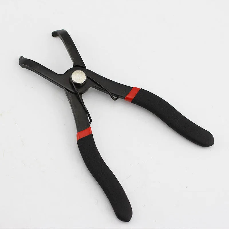 Red interior round nail removal pliers with PVC handles and adjustable jaws.