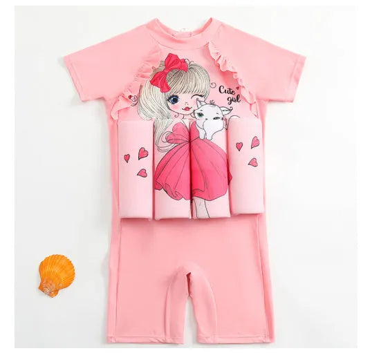 A child's one-piece buoyancy swimsuit in a Shark Boy 2808 design, made from nylon.