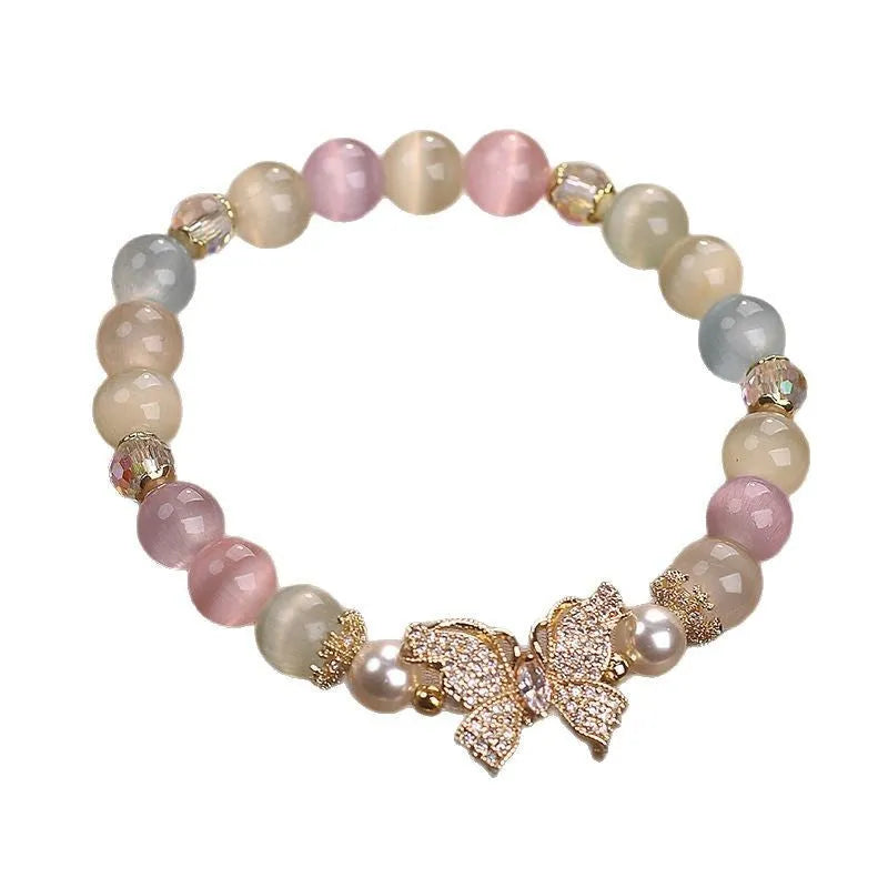 Natural stone bracelet with golden moonstone and butterfly design for women