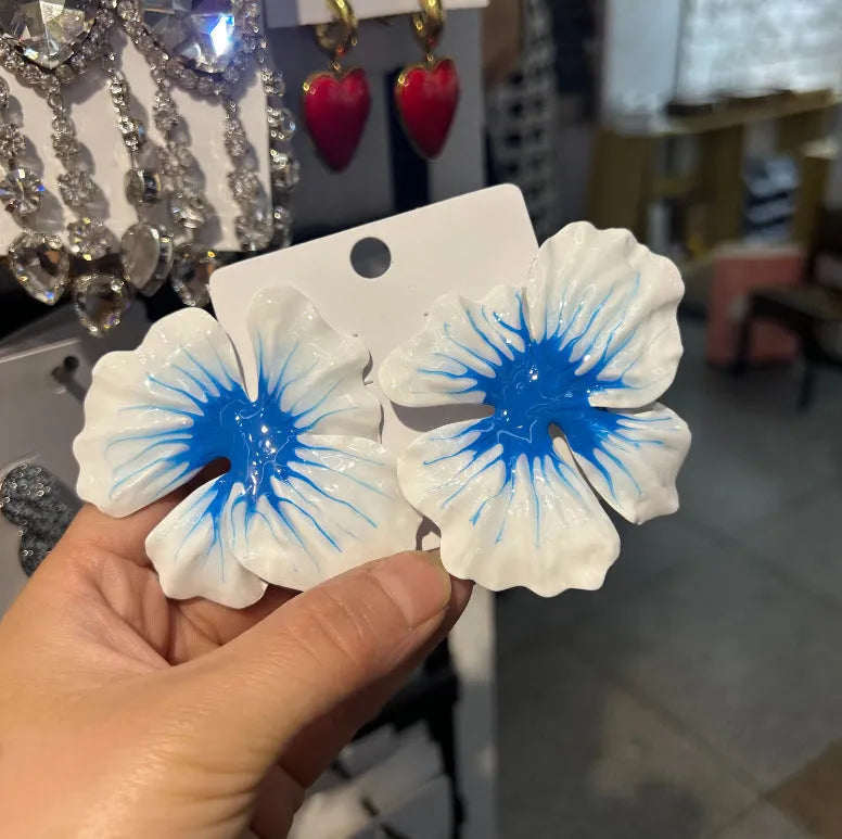 Pastoral style alloy flower stud earrings with electroplated oil-spot glaze finish in four colour options