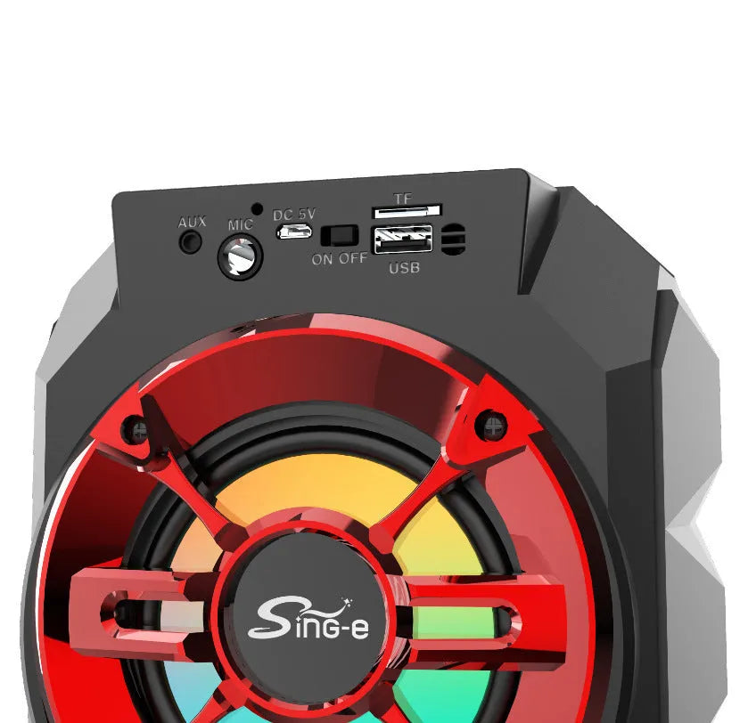 Portable Bluetooth speaker with wireless colour lights and integrated pull rod handle in blue, red, or silver grey