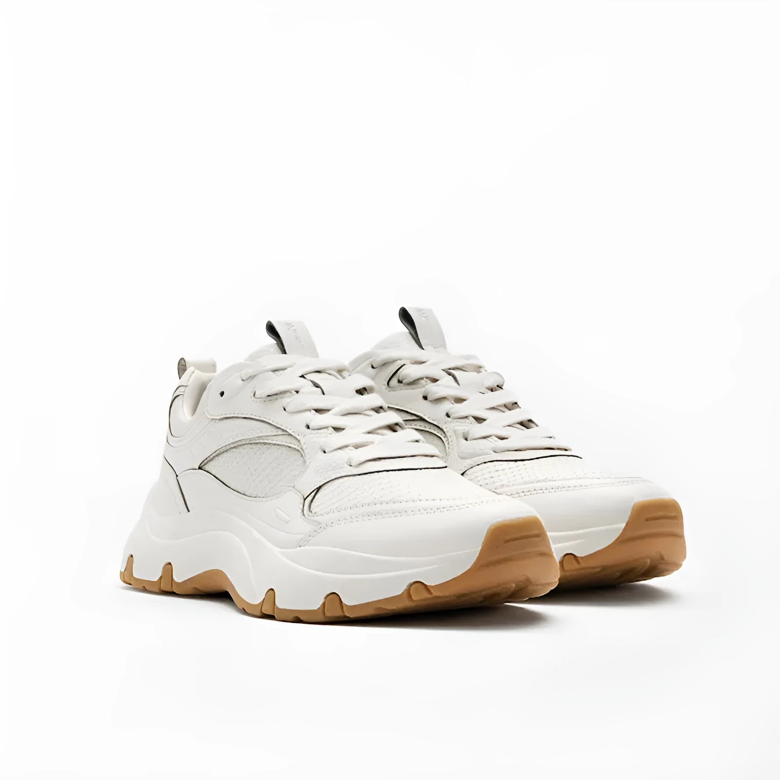 Women's beige off white round toe sneakers with top layer cowhide upper, cross straps, and thick sole
