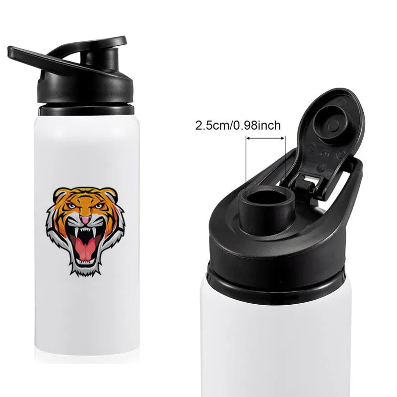White aluminium sports cycling water bottle shown in 600ml and 750ml sizes.