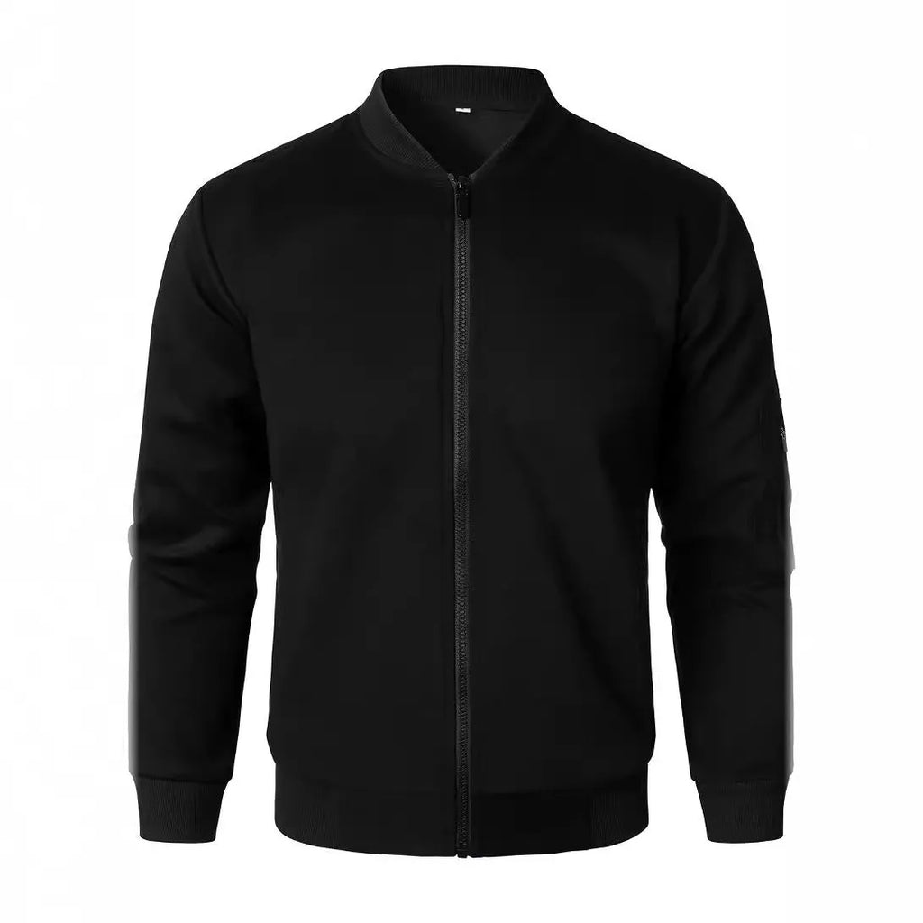Men's loose fit cotton knitted jacket in black, shown on a hanger