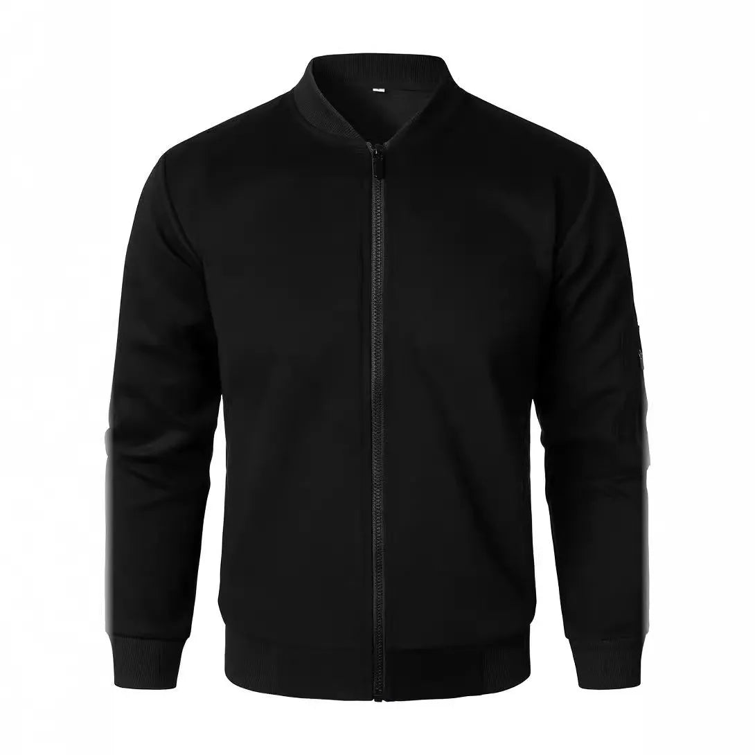 Men's loose fit cotton knitted jacket in black, shown on a hanger