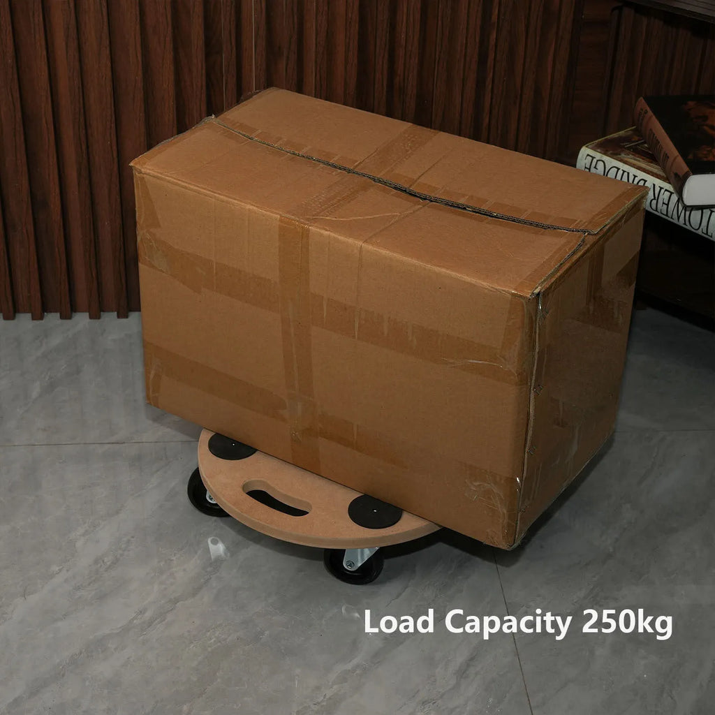 Two natural wood colour moving trolleys with non-slip platforms and wheels for heavy item transport