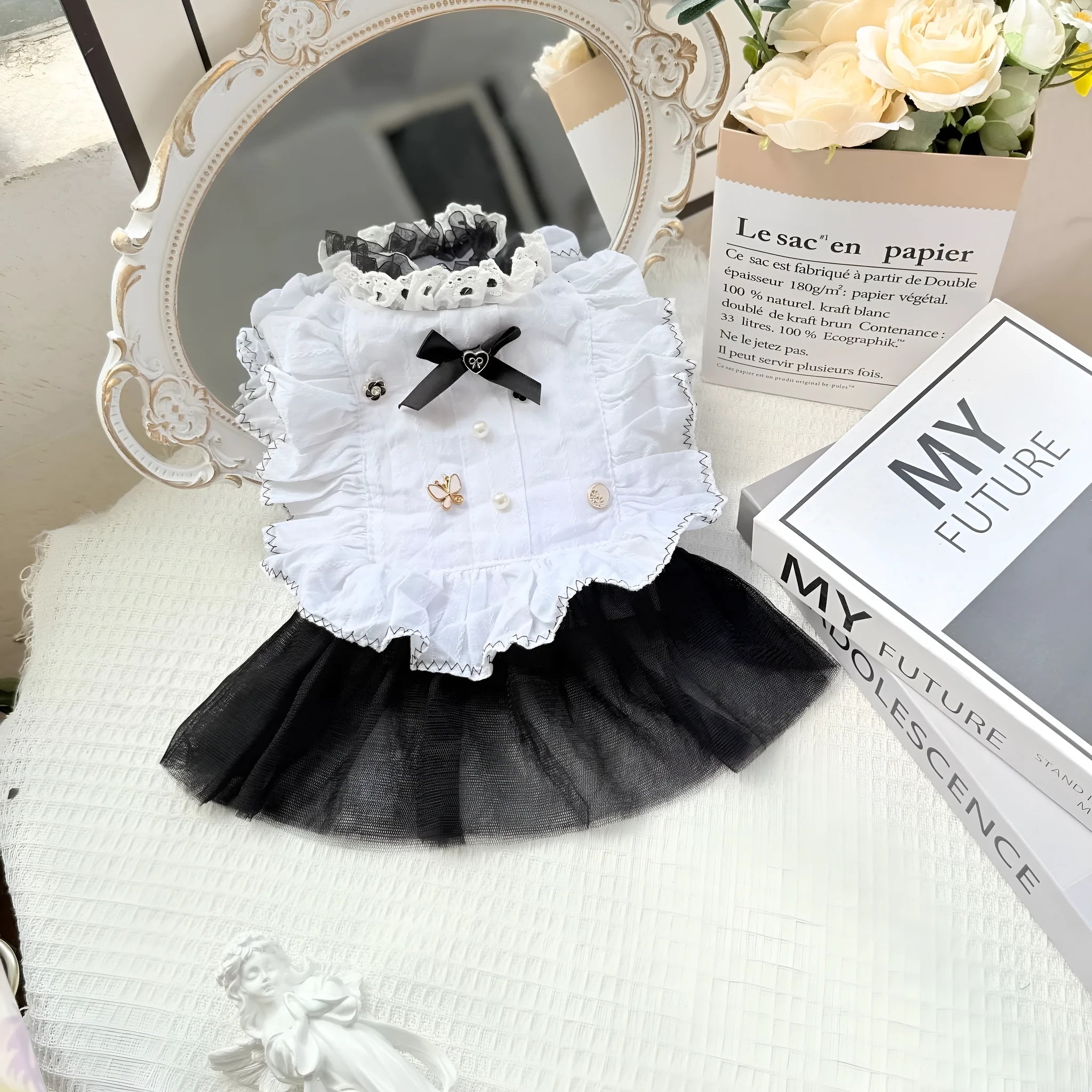 White polyester princess dog dress with a gauze skirt for small to medium-sized pets.