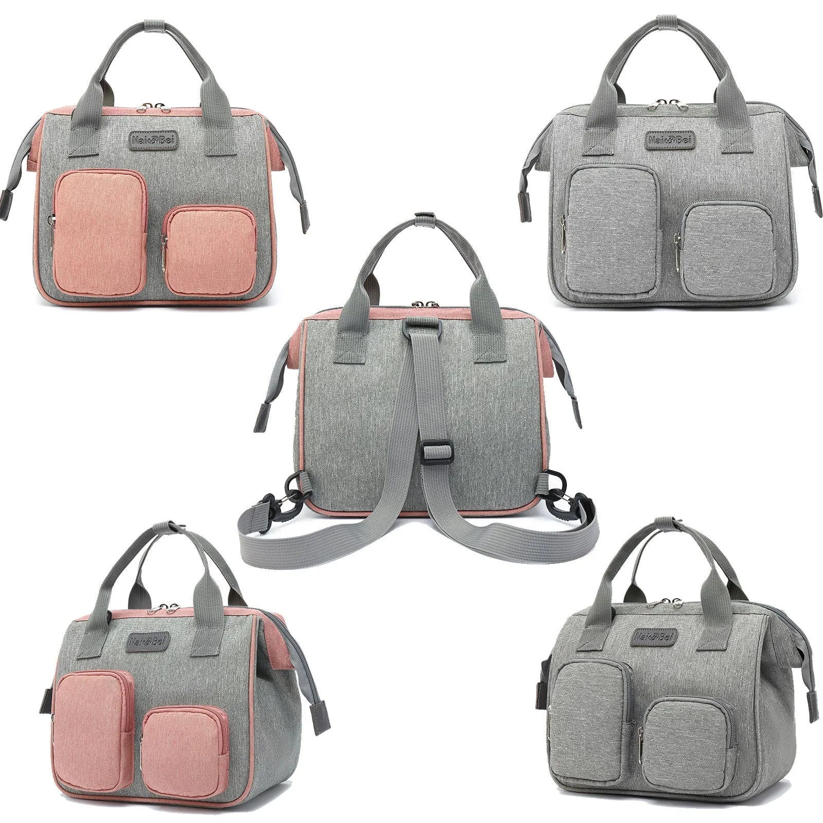 Women's Oxford cloth waterproof handbag with large capacity and organised compartments in grey or pink-grey