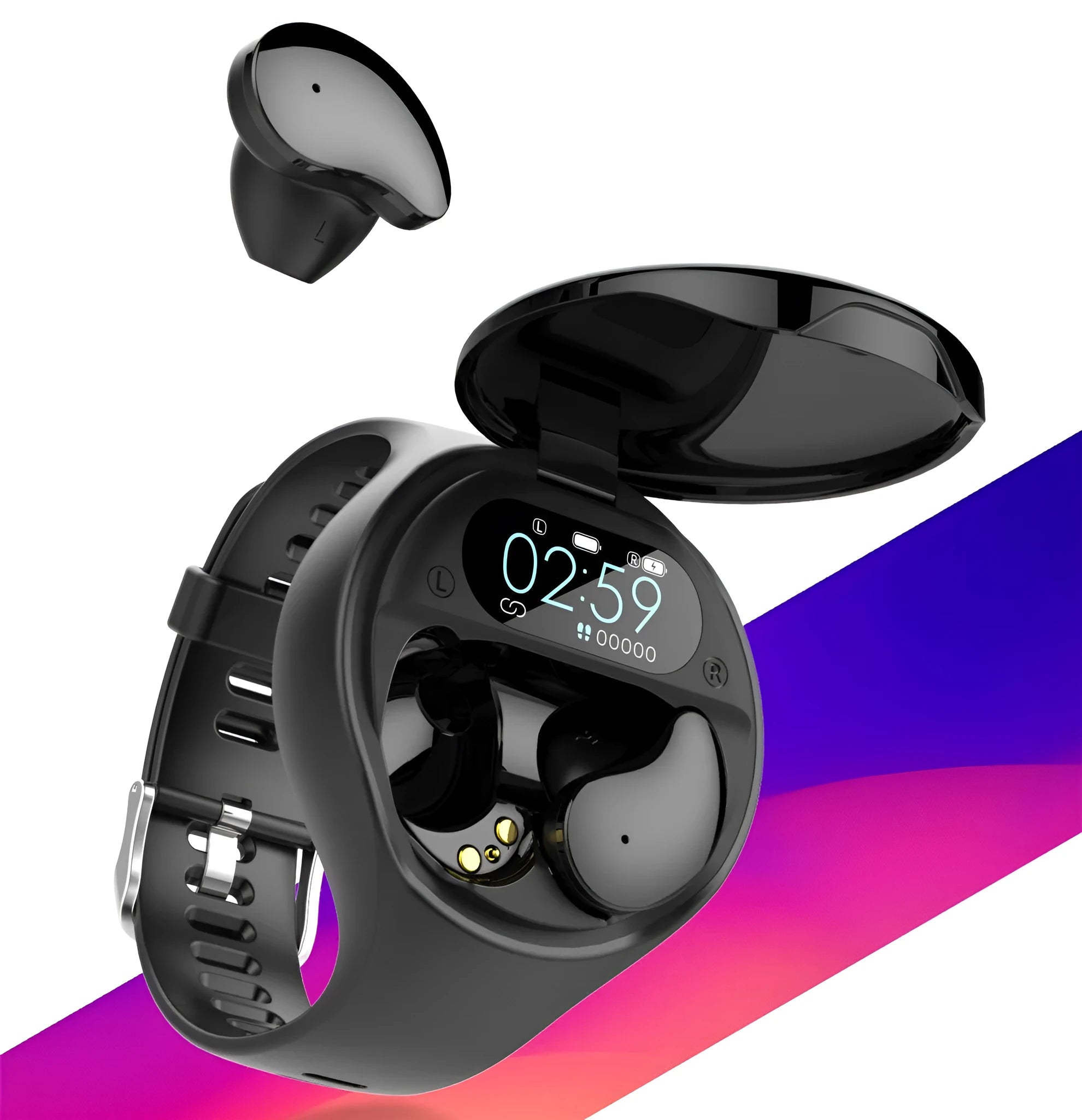 Black detachable Bluetooth headset and smart bracelet combo with colour screen for heart rate and step tracking.