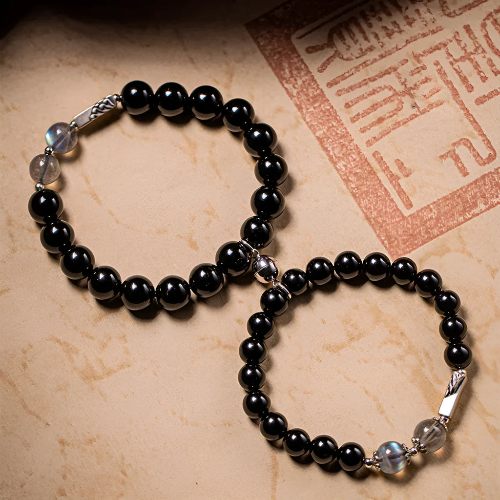 Black obsidian couple bracelet DIY kit with 8mm and 10mm beads in national style
