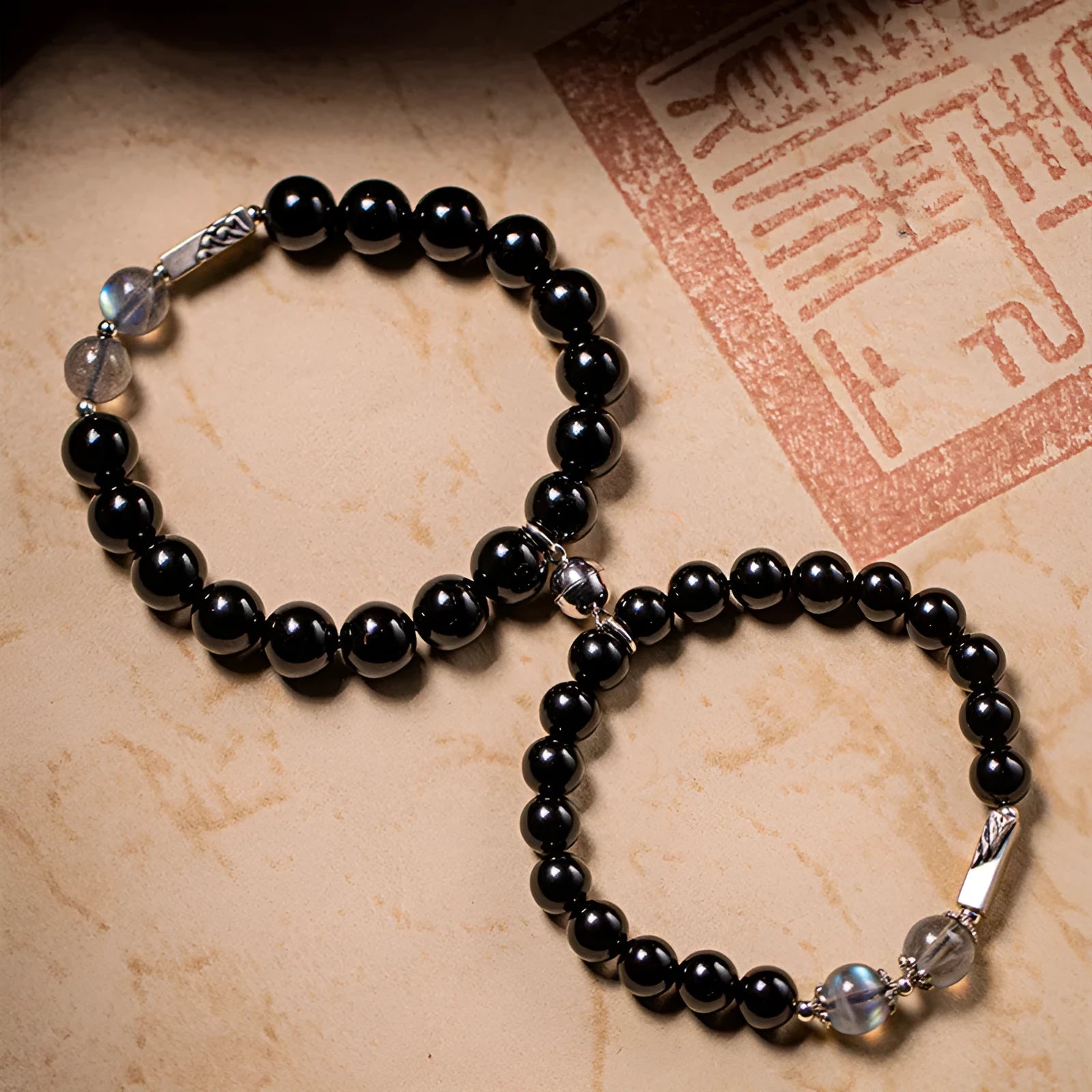 Black obsidian couple bracelet DIY kit with 8mm and 10mm beads in national style
