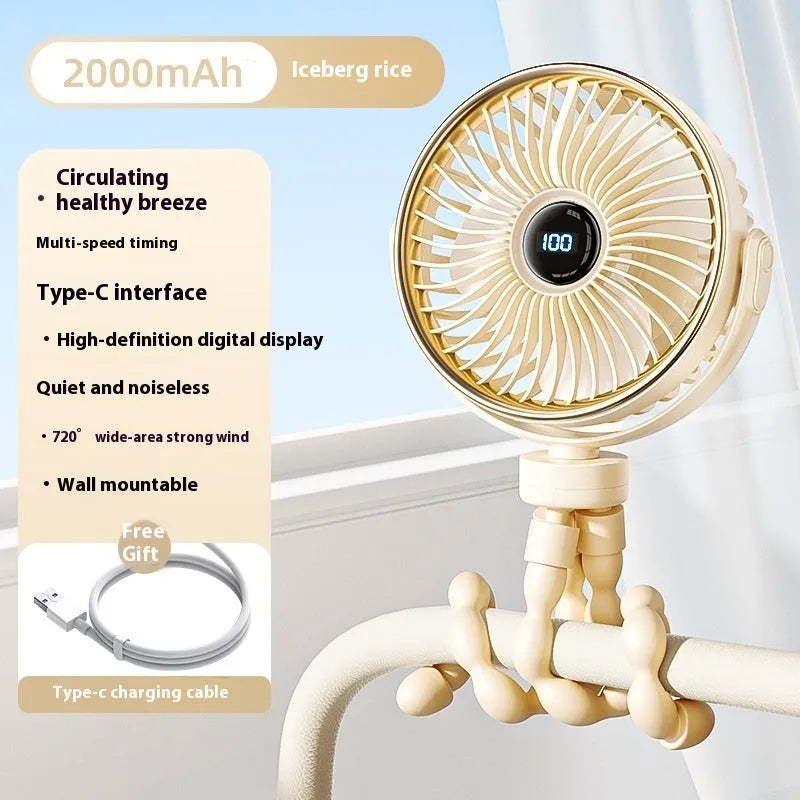 Mini octopus clip-on portable stroller fan in beige, attached to a pram handle.