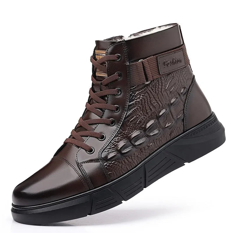 Men's black genuine leather snow boots with fur lining and lace-up front