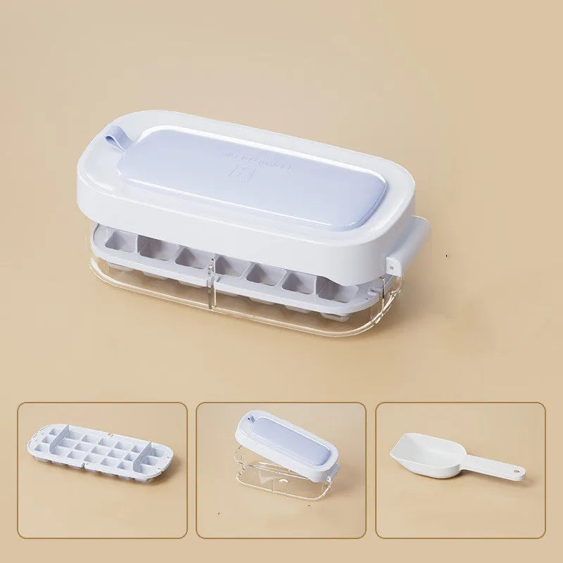 Blue high capacity ice cube tray with grid design and leverage mechanism including shovel