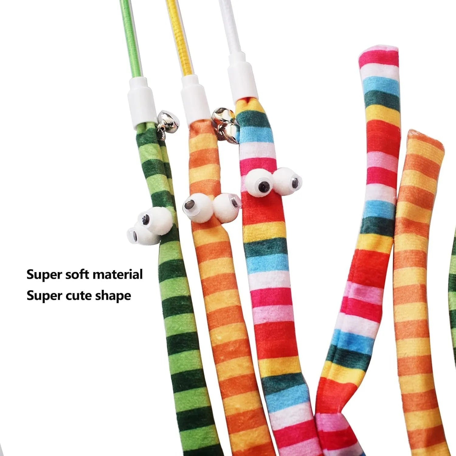 Cat wand toy with colourful plush strip attached to polycarbonate pole