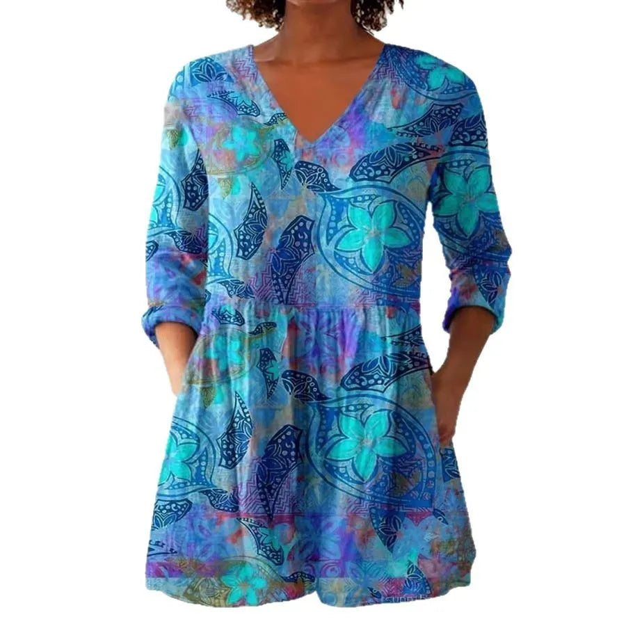 Women's slim fit long-sleeved top with a retro all-over digital print, shown in a selected colour.