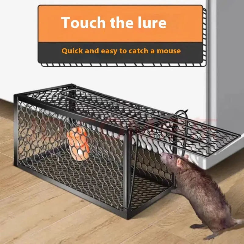 Automatic metal and plastic mouse cage trap shown in small, medium, and large sizes.