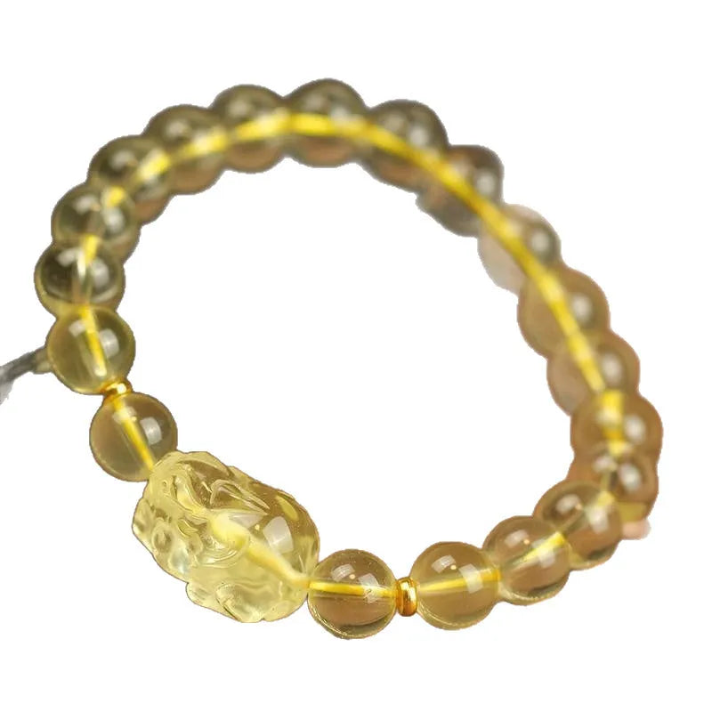 Yellow leather cord Pi Xiu bracelet with artificial crystal citrine beads in simple Chinese style