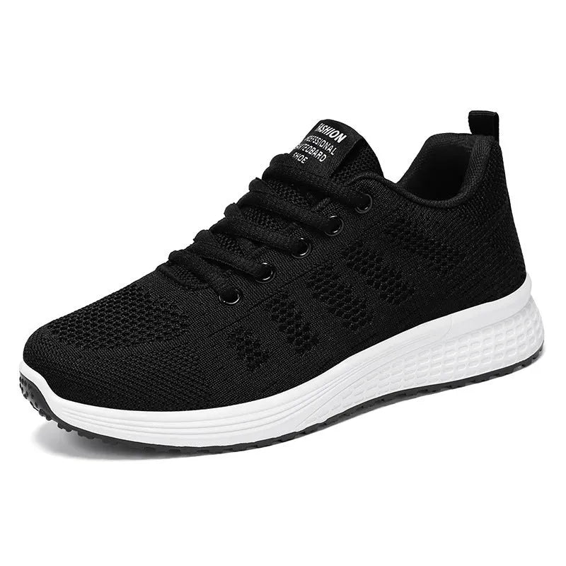 Women's flyknit running shoes with soft sole and flat heel in black, rose red, or grey pink colours
