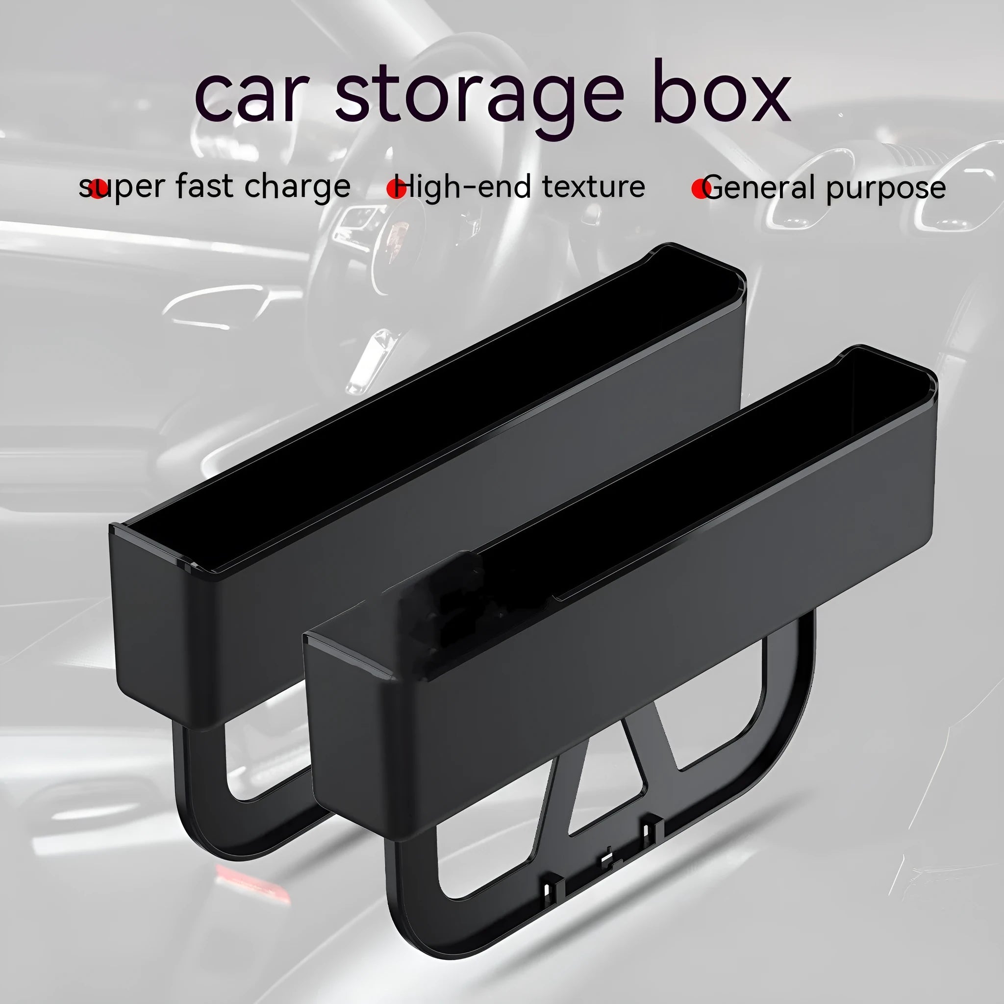 Black plastic car seat gap storage box measuring 265mm for vehicle organisation