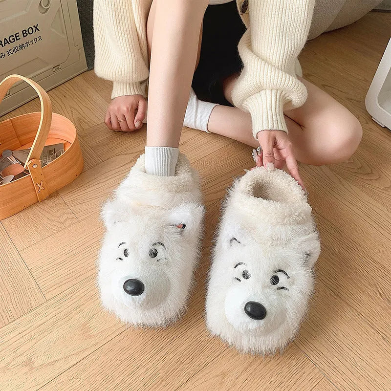 Women's ankle wrap cotton slippers with plush upper in grey and white colour options