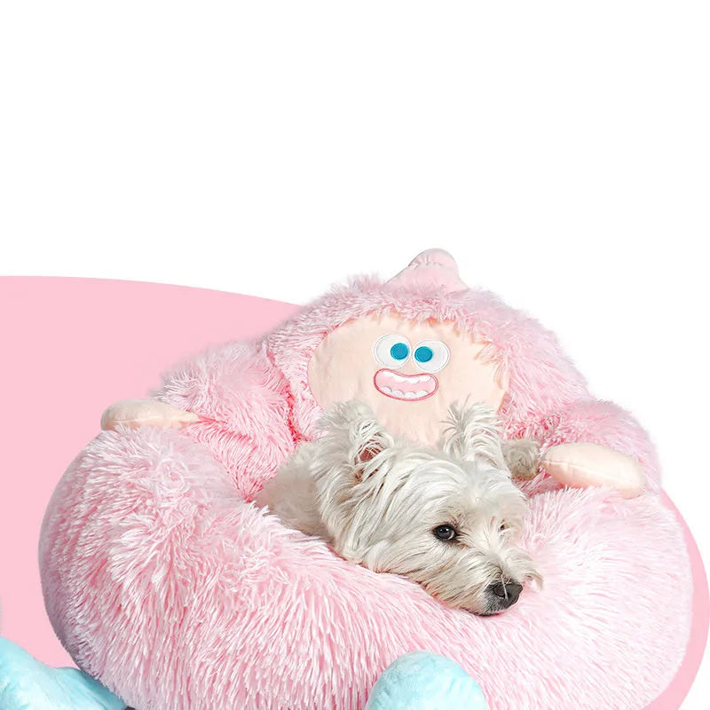 Grey and pink thick plush pet nest beds for cats and dogs in three sizes.