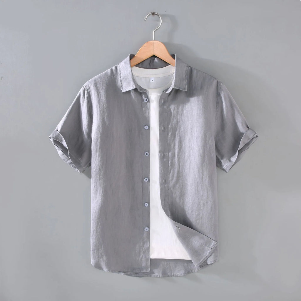 Men's youth casual short-sleeved linen shirt in a cardigan style, shown in one of seven available colours.