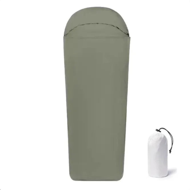 Blue or green mummy-style nylon camping sleeping bag showing tapered design and lightweight construction