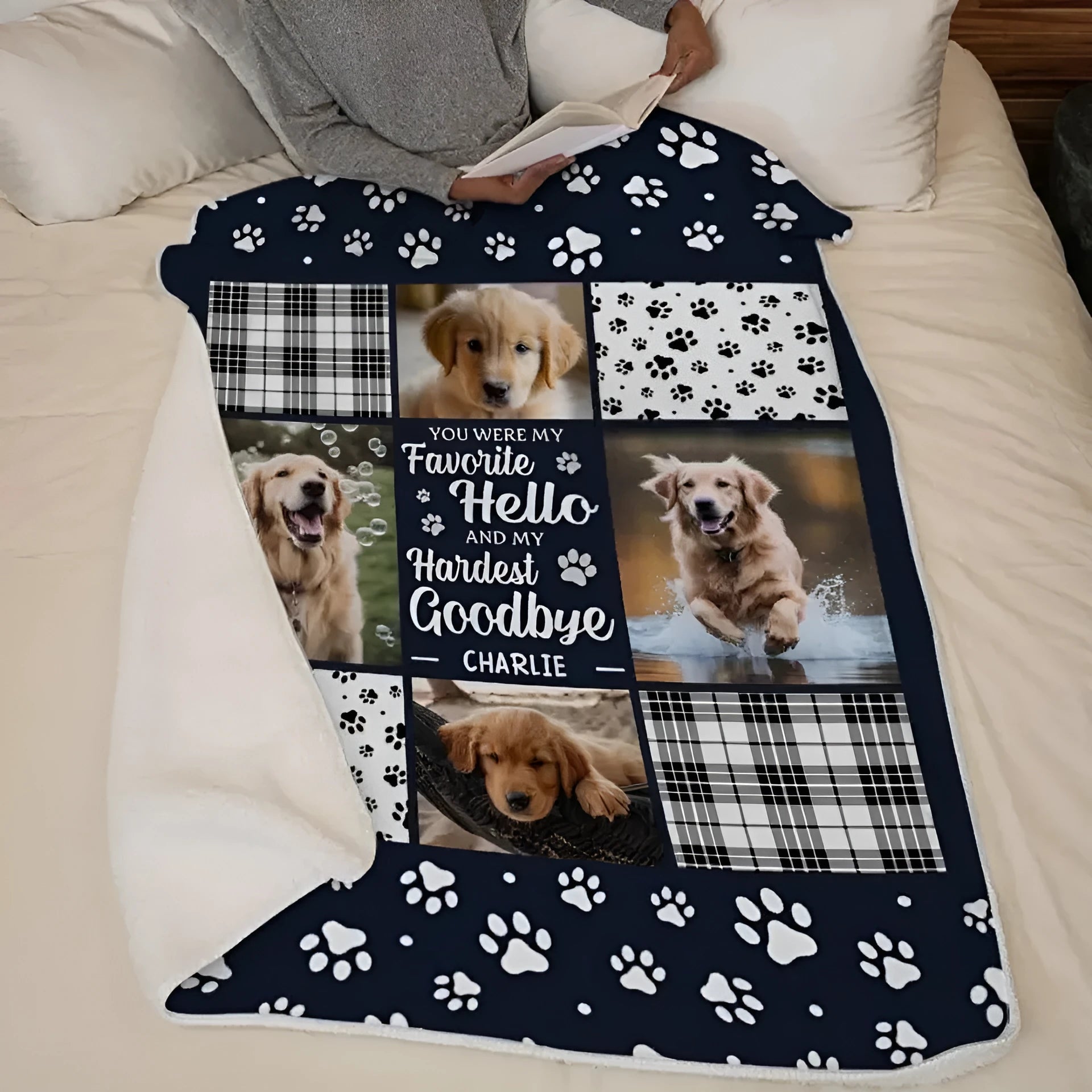White polyester flannel dog blanket showing soft texture and American-style design