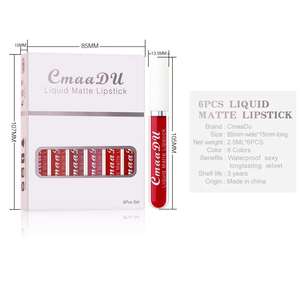 Set of six boxes of matte waterproof long lasting lip gloss with multivitamins