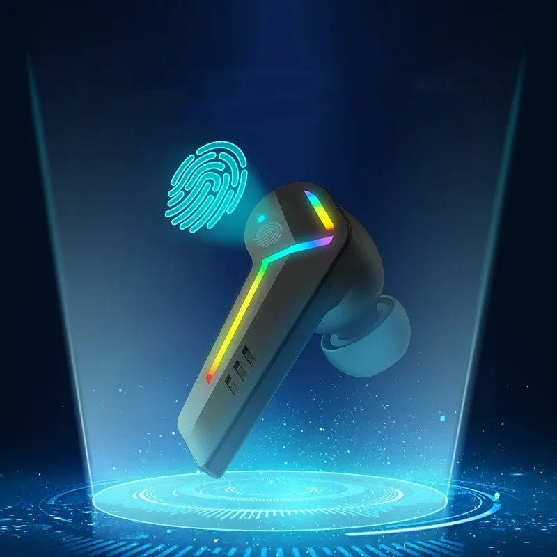 Small black Bluetooth headset with earplug design for sports and gaming.