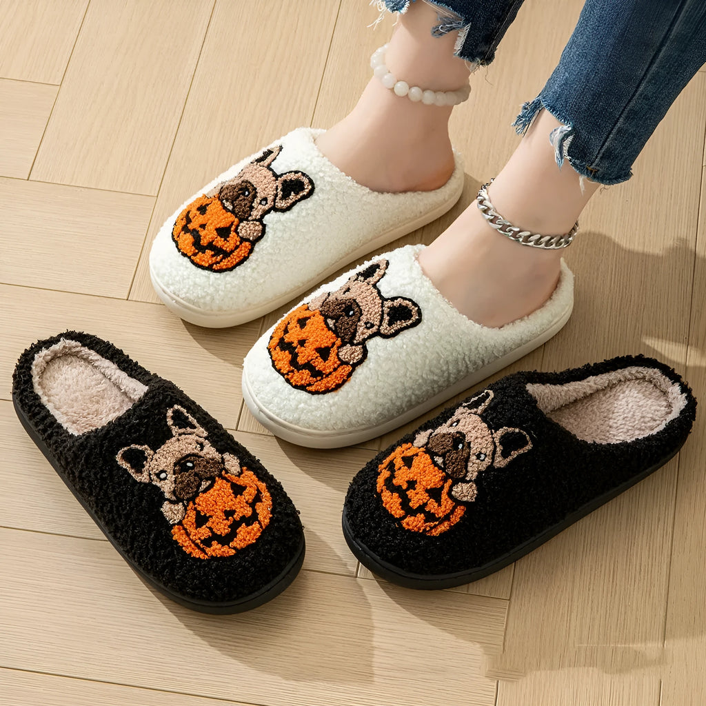 Halloween pumpkin design plush slippers with memory foam soles in black or white colours