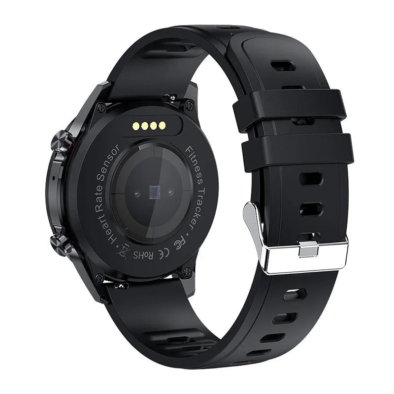 Black Bluetooth smart watch bracelet with 1.3 inch screen on a wrist, showing heart rate display.