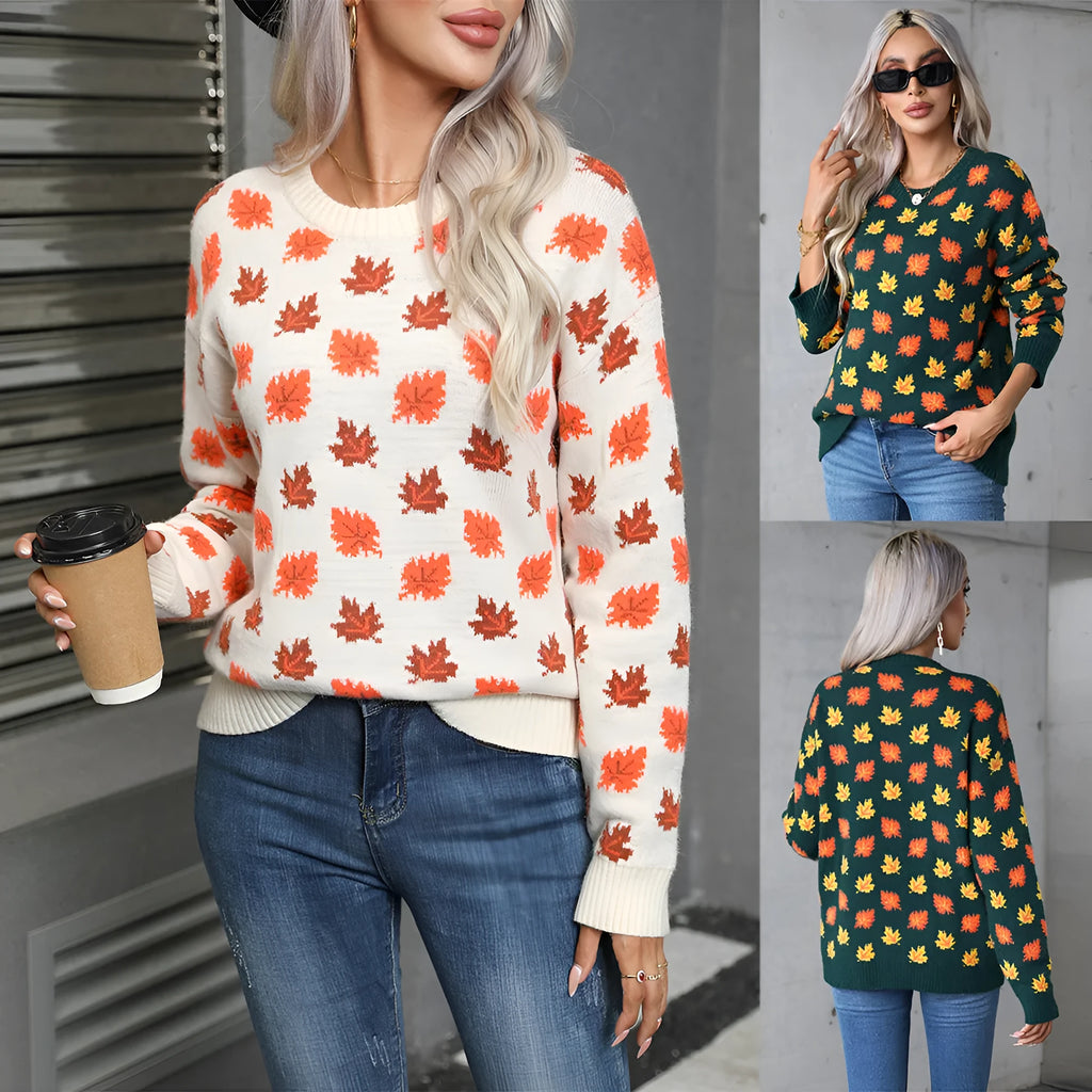Maple leaf Christmas sweater in beige and dark green colours with street fashion style