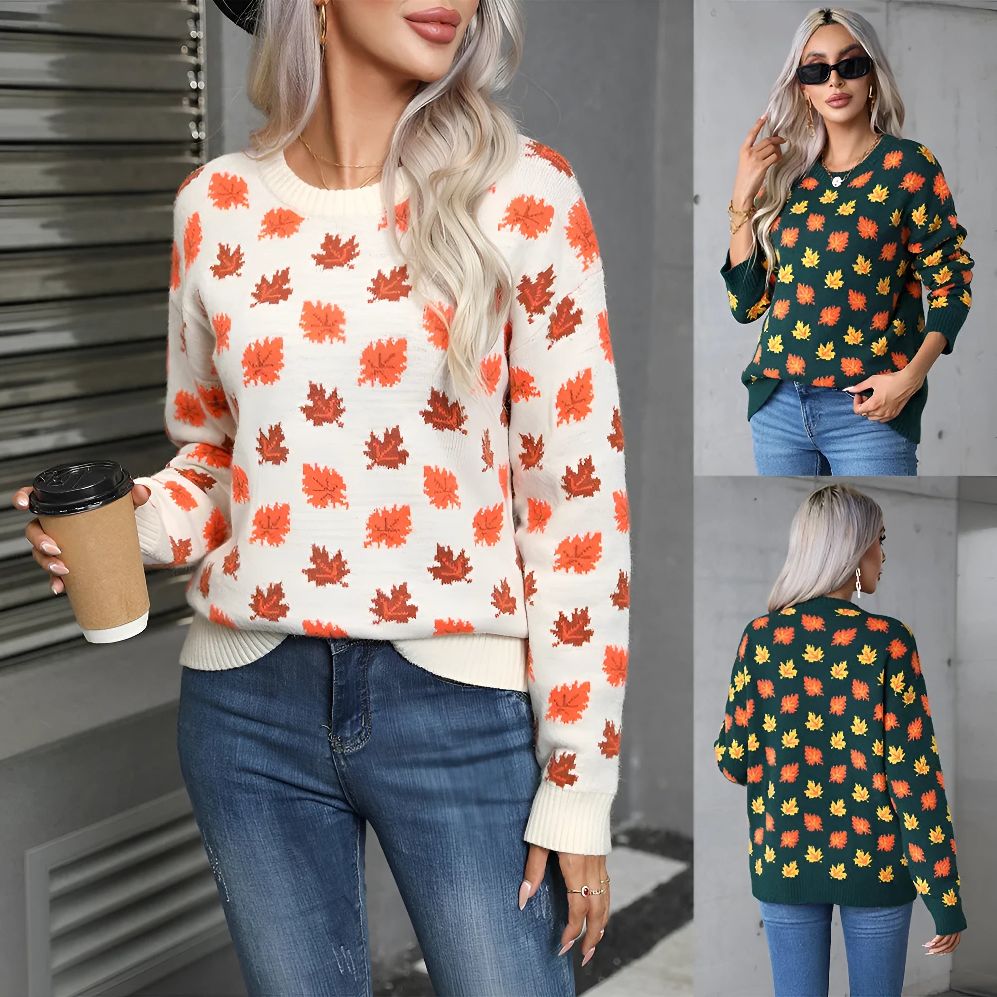 Maple leaf Christmas sweater in beige and dark green colours with street fashion style
