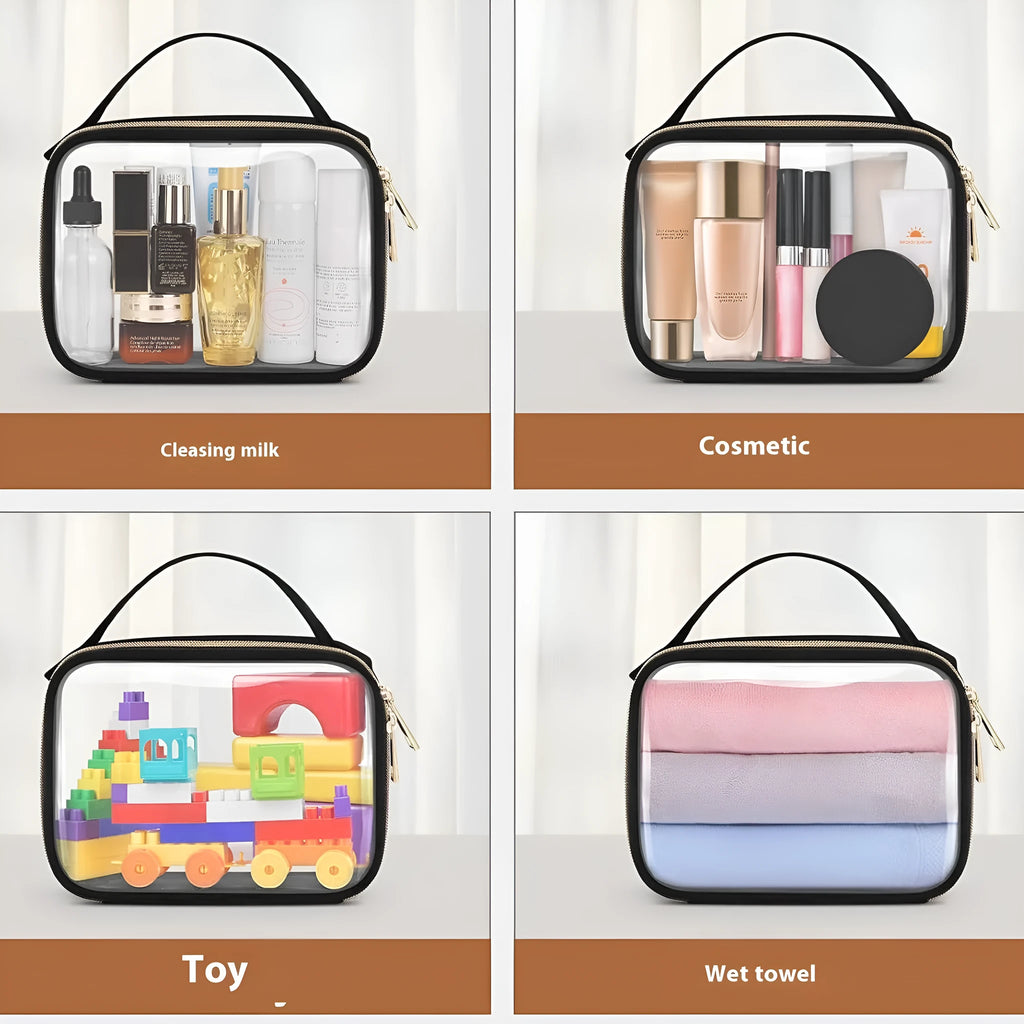 Transparent PVC wash bag with detachable chain in leopard print, holding lipsticks and brushes.