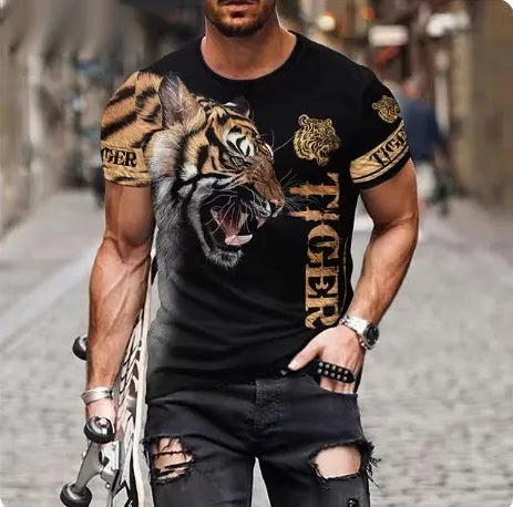 Men's 3D printed lion graphic T-shirt in polyester fabric showing fierce animal design