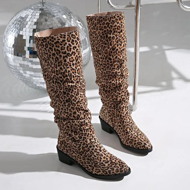 Brown leopard print women's boots with a chunky square heel and high cylinder shaft.