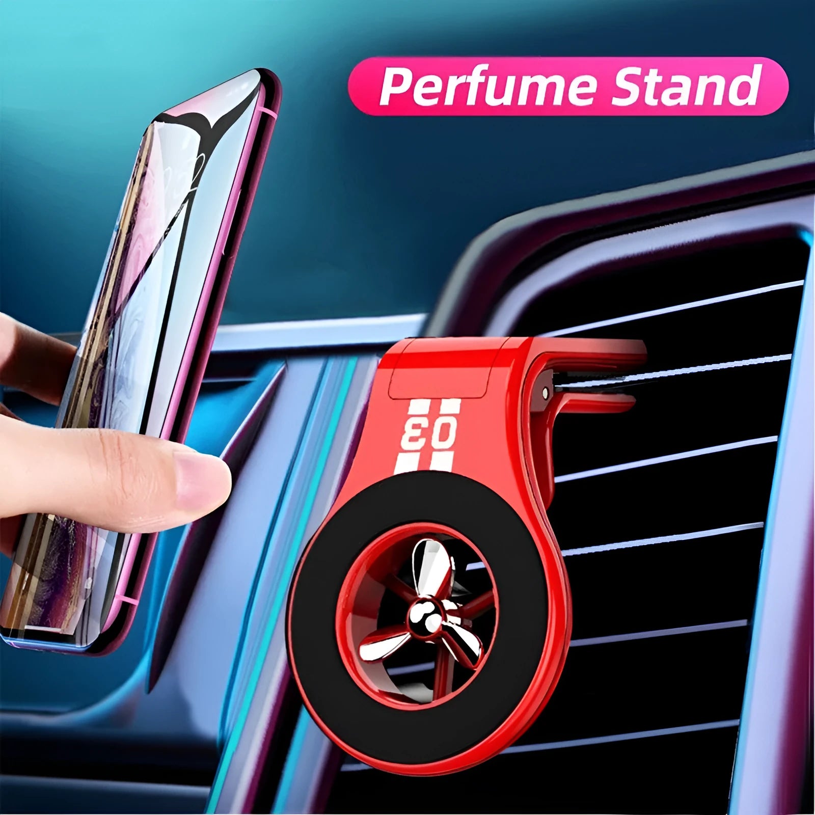 Black magnetic car air vent phone holder with adjustable ball joint and fragrance disc attached.