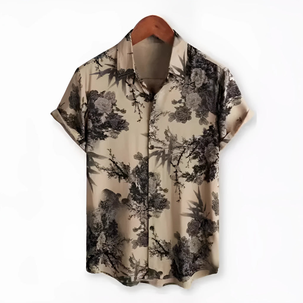 Floral print Hawaiian lapel short sleeve shirt on a hanger