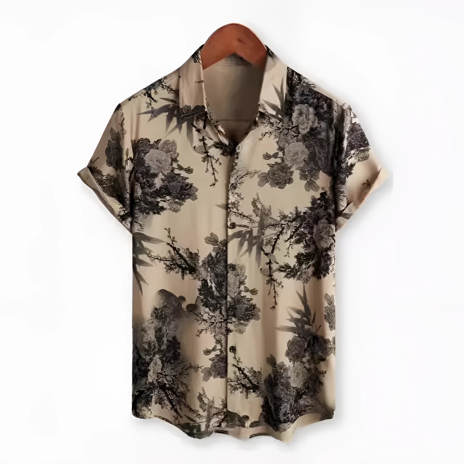 Floral print Hawaiian lapel short sleeve shirt on a hanger