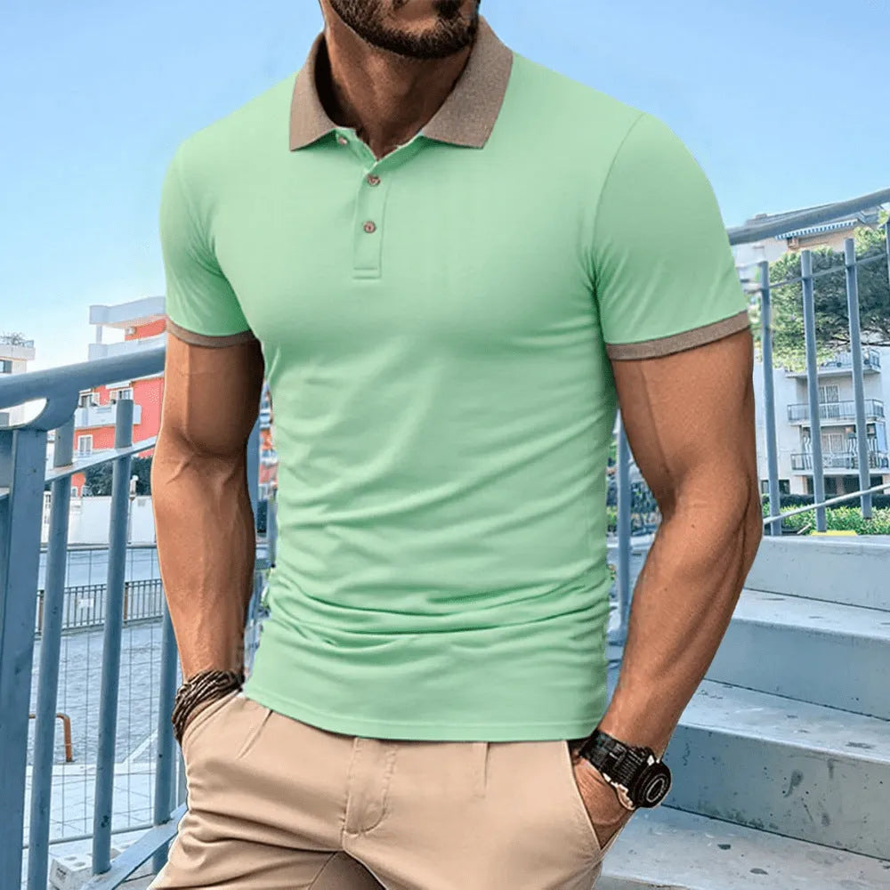 Summer polo shirt with flock print in Ice Silk polyester fabric, shown in multiple colour options
