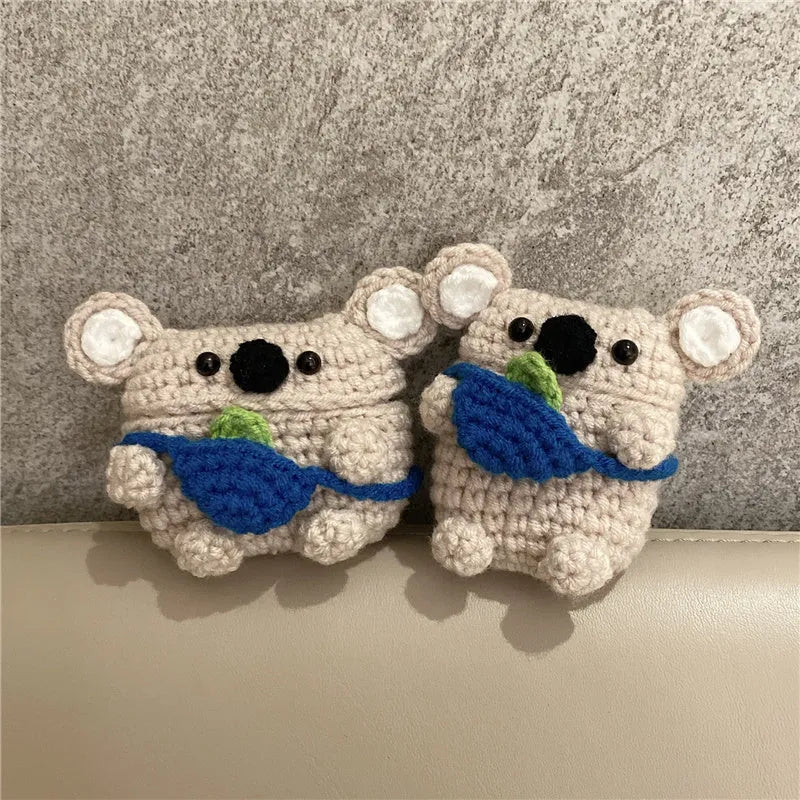 Handmade knitted koala bear backpack design protective sleeve for Apple AirPods case.