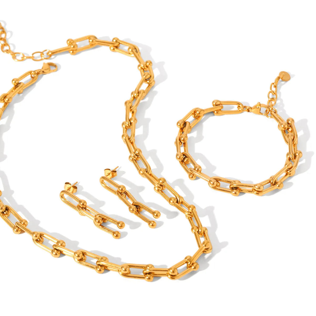 Stainless steel horseshoe chain jewellery set with titanium steel pendant showing necklace, bracelet and earrings