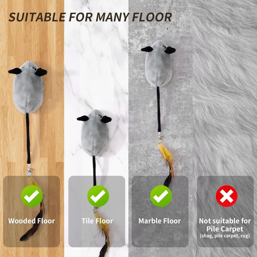 Grey and yellow automatic cat mouse toy with feather tail and LED lights