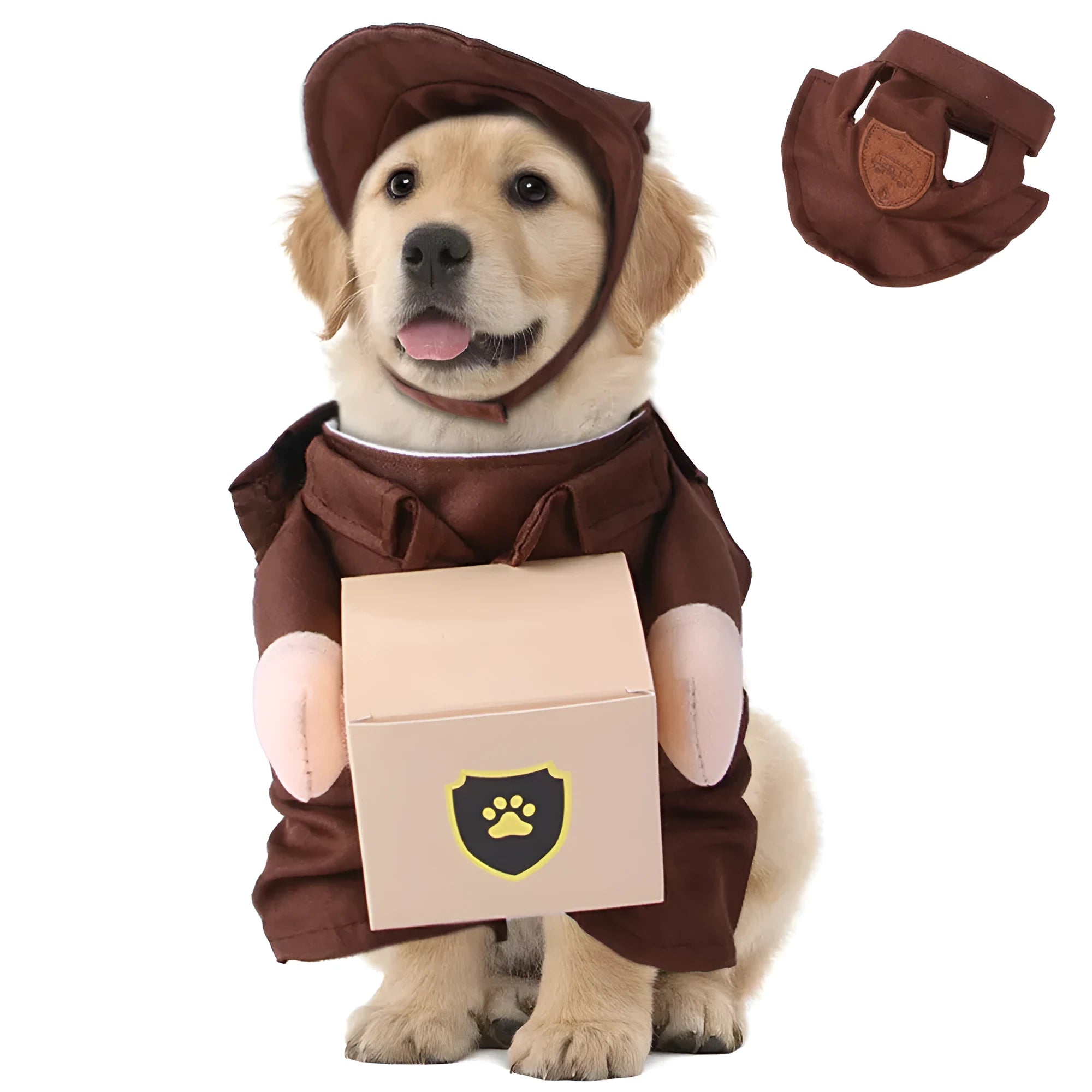 Coffee-coloured polyester dog costume designed as a courier standing outfit for funny pet outings.