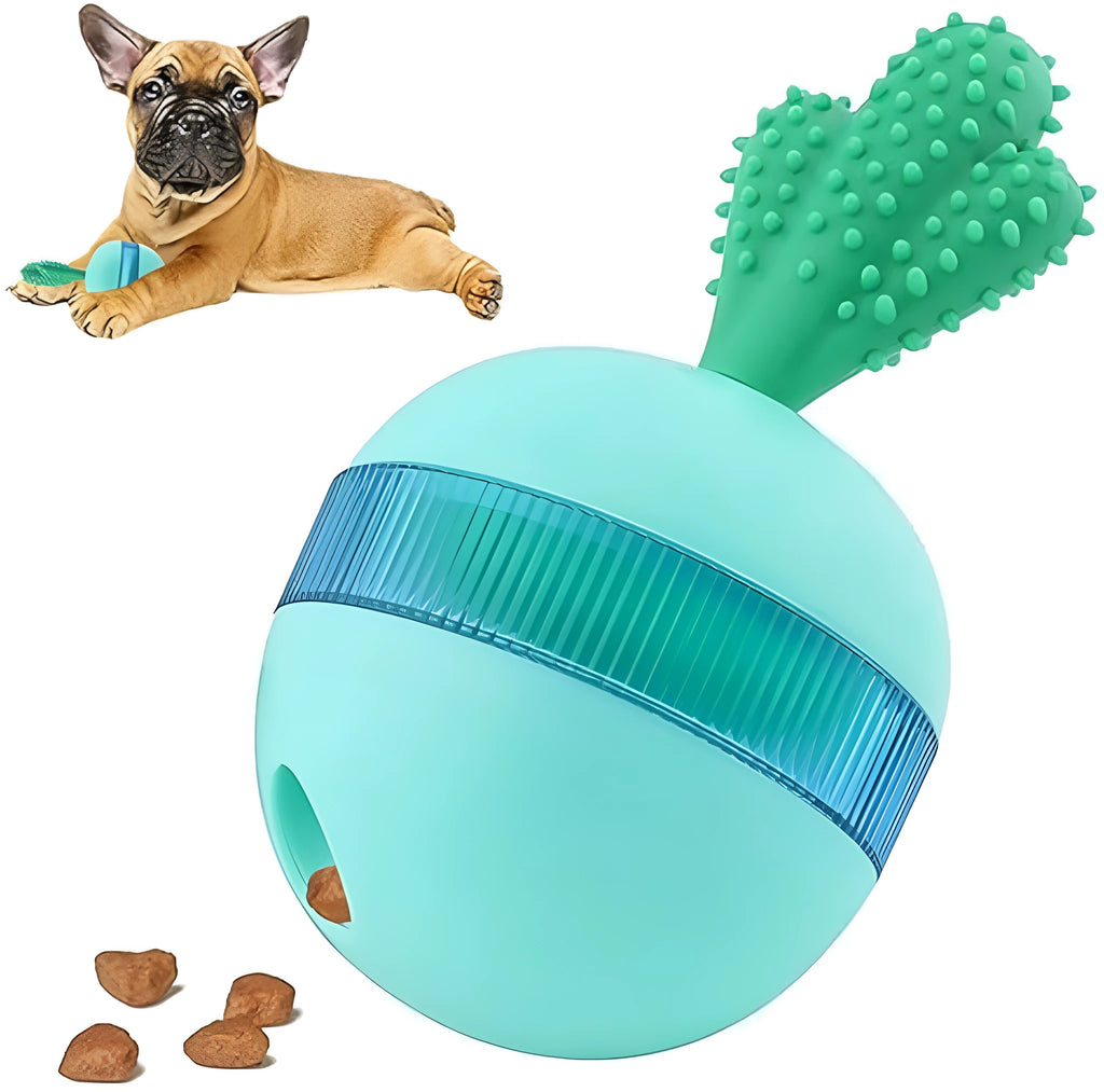 Blue durable rubber dog treat dispensing ball with tumbler design for interactive play