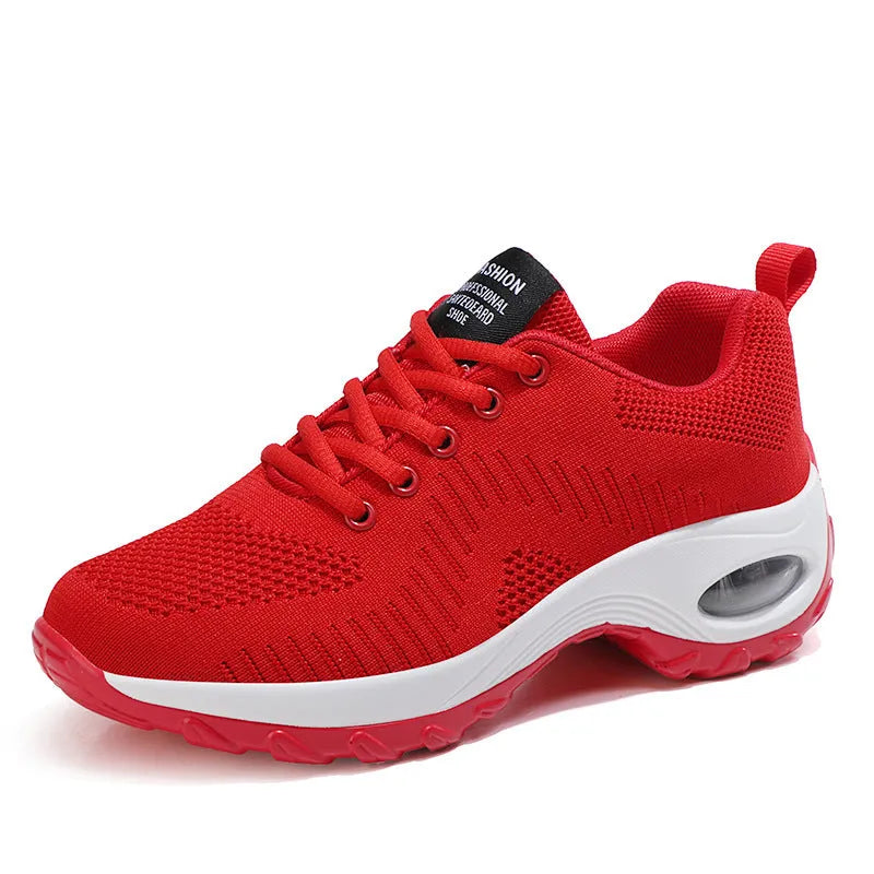 Women's round toe mesh sneakers with lace-up front and 3-5cm mid heel in black and red colours