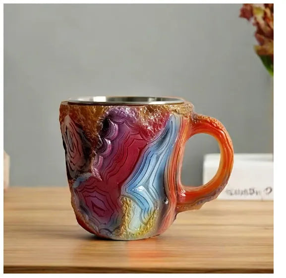 Purple resin mineral crystal coffee mug with handle showing 3D texture and 10cm height