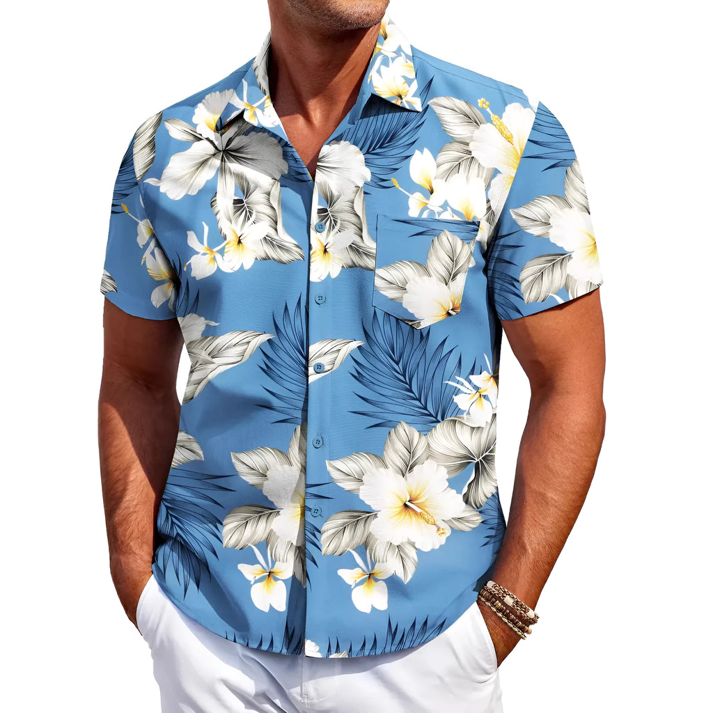Men's slim-fit Hawaiian short-sleeve shirt in elastic polyester fabric on a hanger.